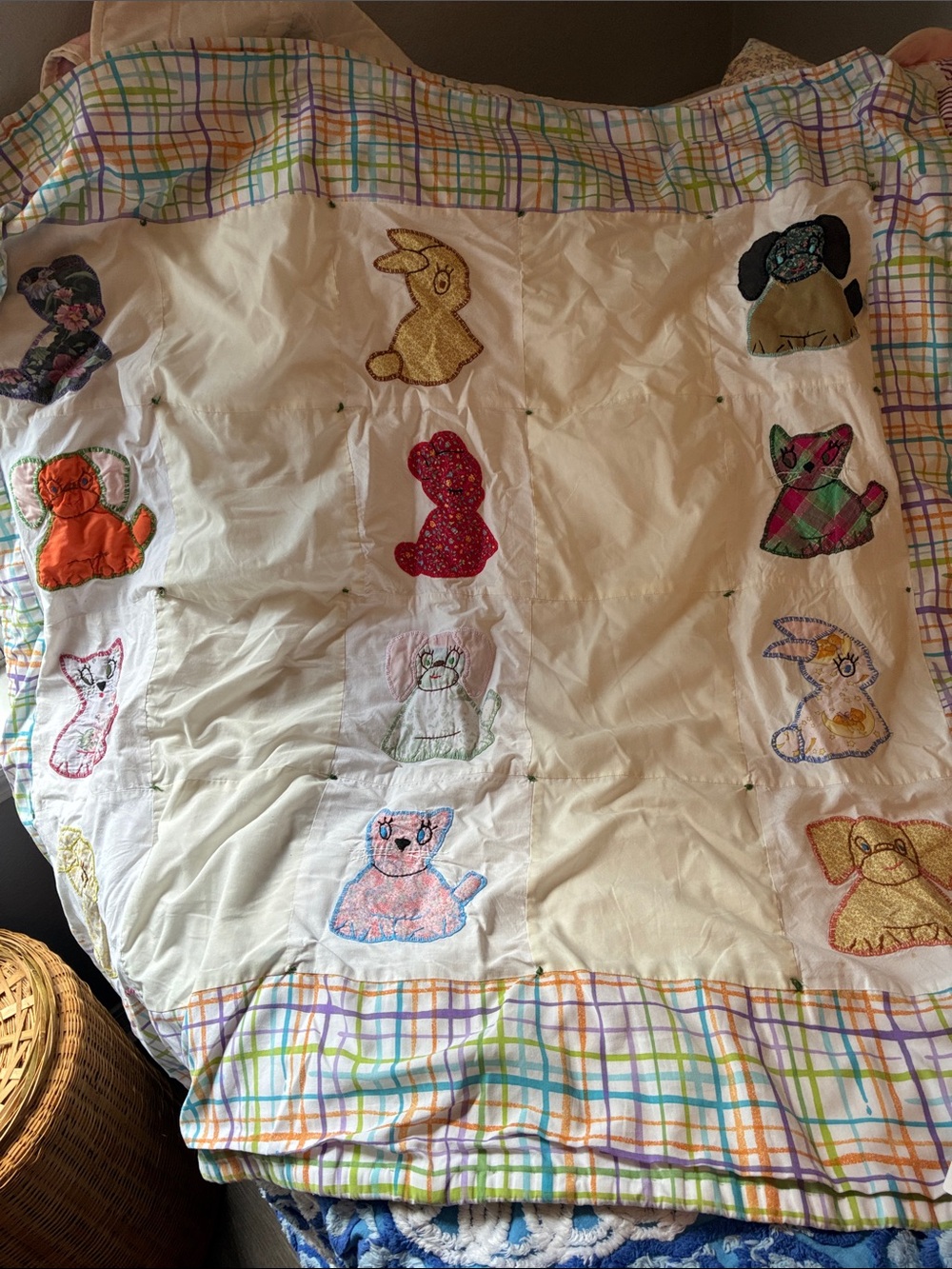 Handmade Animal Appliqué Baby Quilt - Pastel Patchwork 48”x48”